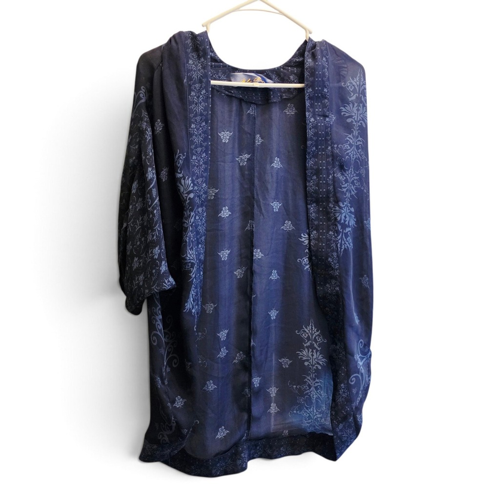 Blue Rain Damask Floral Sheer Kimono Cardigan Open Front Women's OS Navy Blue